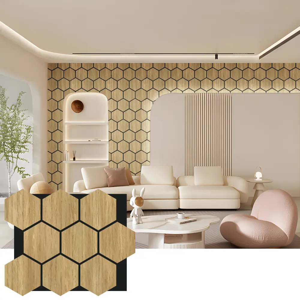 Hexagon akustické dřevěné stěnové panely pro interiérový design Hexagon akustické dřevěné stěnové panely pro interiérový design
